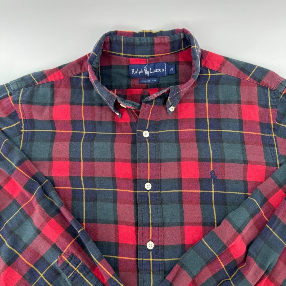 Ralph Lauren Flannel Shirt Mens M Plaid Button Down Cotton Classic Red Green VTG